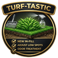Artificial turf maintenance service with infill refresh, spot adjustments, and odor treatment