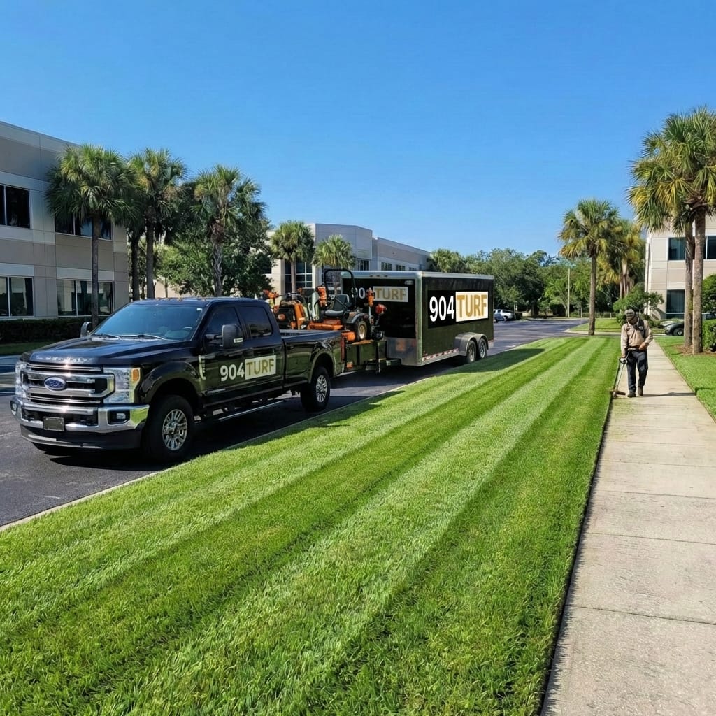 Professional lawn maintenance service by 904 Turf providing mowing and edging for a commercial property in Jacksonville, Florida